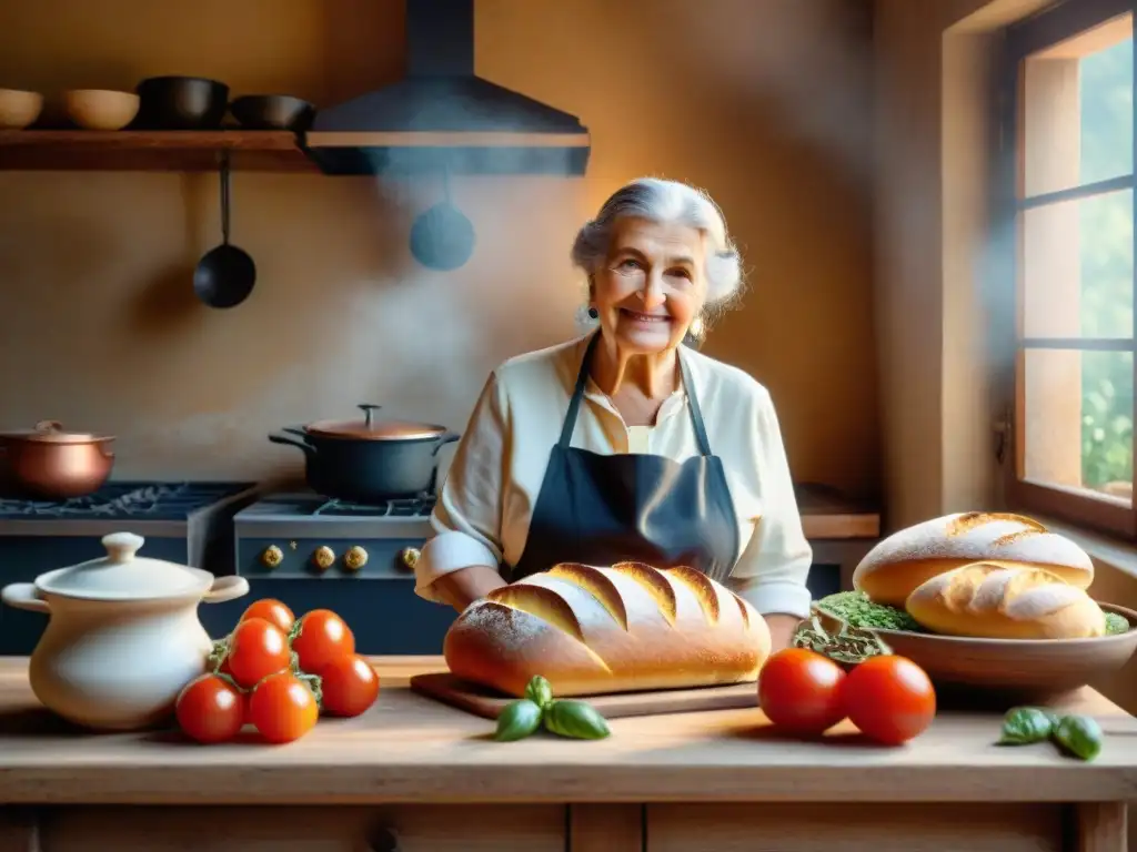 Una cocina italiana rústica con ingredientes tradicionales y una nonna remueve un guiso de pan italiano tradicional