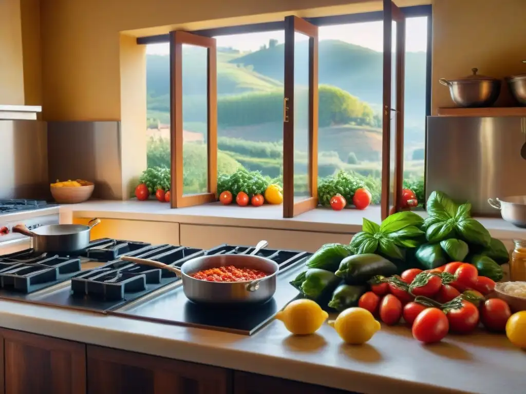 Una cocina italiana rústica con ingredientes frescos y chef preparando pasta a mano, en ambiente cálido