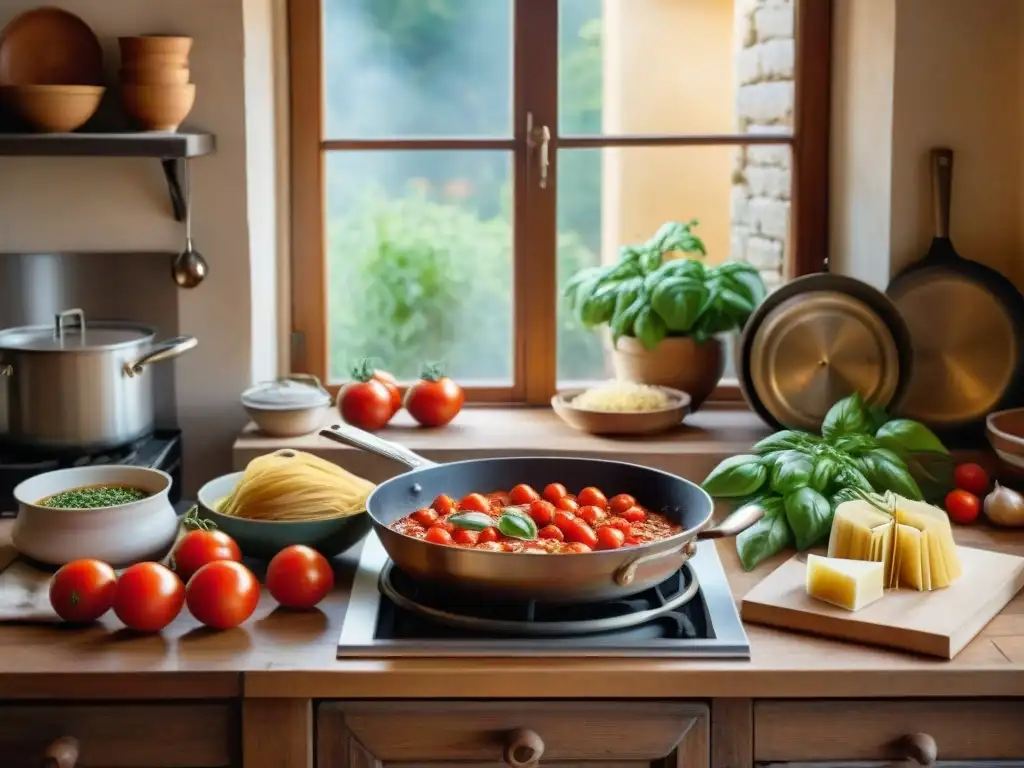 Una cocina italiana rústica con ingredientes frescos, recetario familiar y una olla de salsa casera