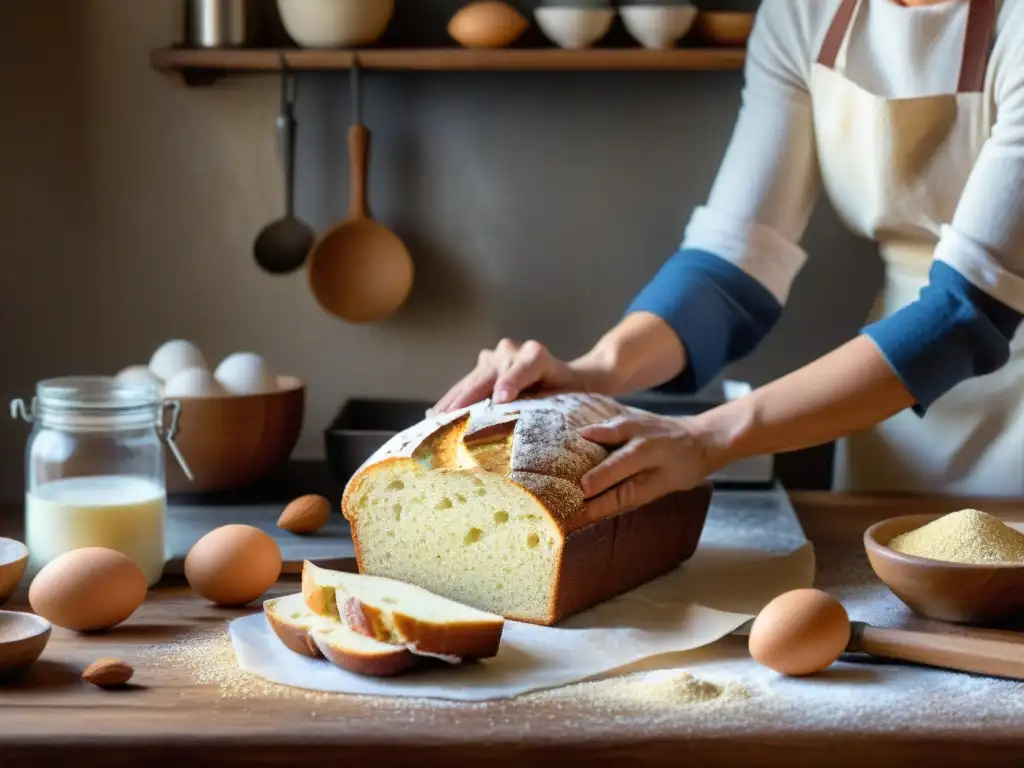 Una cocina italiana rústica con ingredientes esparcidos para hacer pan de almendra, una mujer amasando con pasión