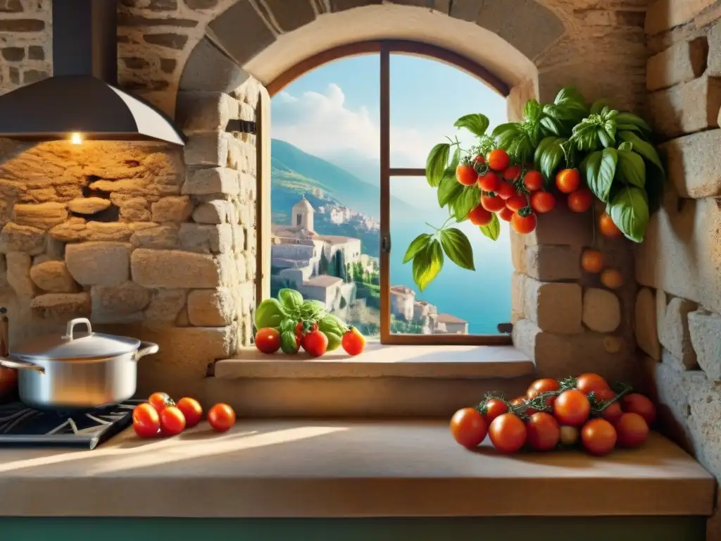 Cocina italiana tradicional: ingredientes frescos en ambiente rústico Una cocina italiana rústica con ingredientes tradicionales como tomates, albahaca fresca, queso parmesano y ajos