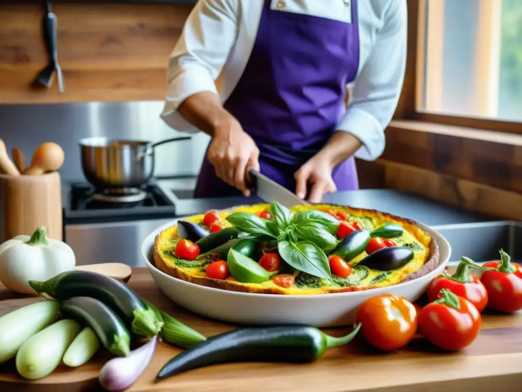 Una cocina italiana rústica llena de verduras frescas y coloridas como tomates rojos, pimientos amarillos, calabacines verdes y berenjenas moradas