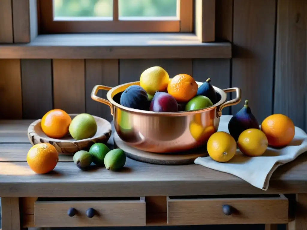 Una cocina italiana rústica llena de frutas frescas coloridas en cestas de mimbre, con conservación frutas estilo italiano