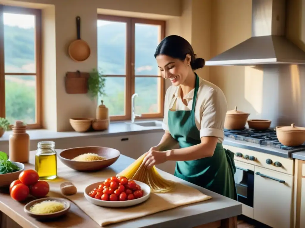 Una cocina italiana rústica llena de ingredientes locales como tomates, albahaca, pasta artesanal y aceite de oliva virgen extra