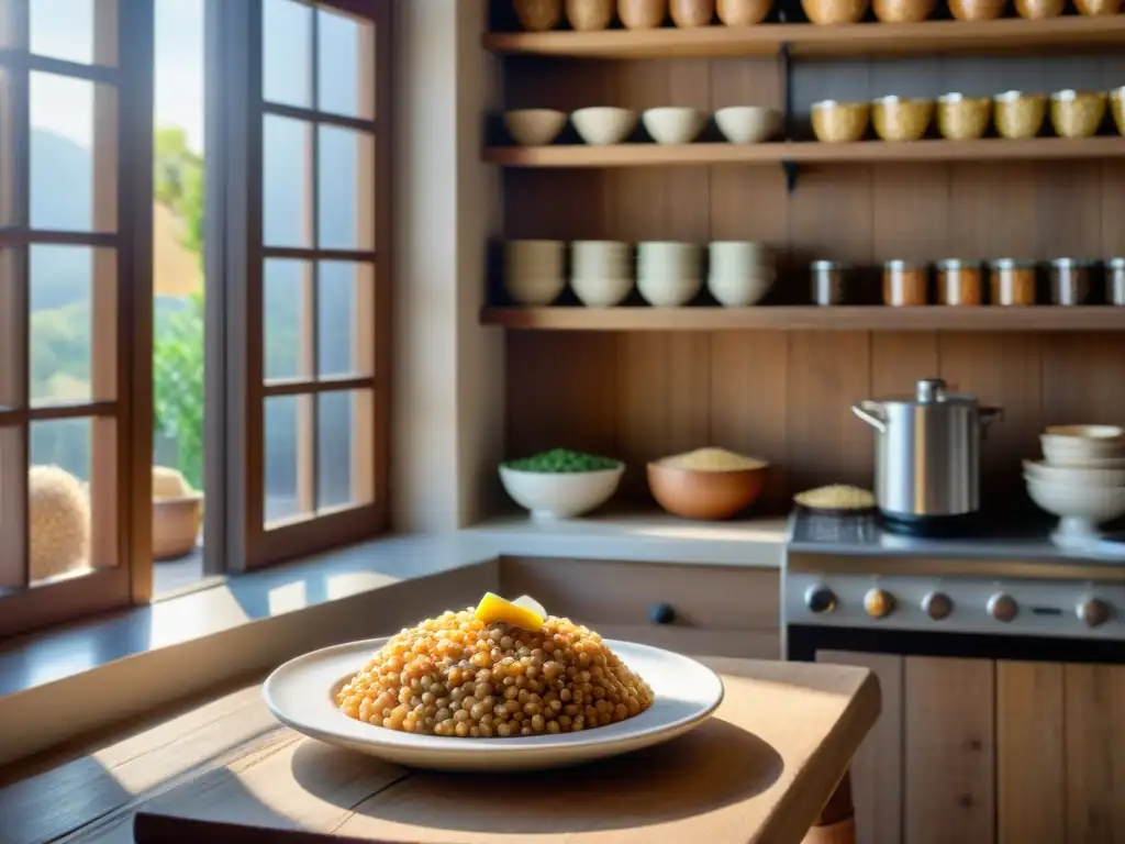 Una cocina italiana rústica llena de platos tradicionales con granos enteros