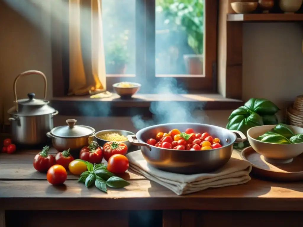 Una cocina italiana rústica llena de ingredientes vibrantes con promesa de platos tradicionales