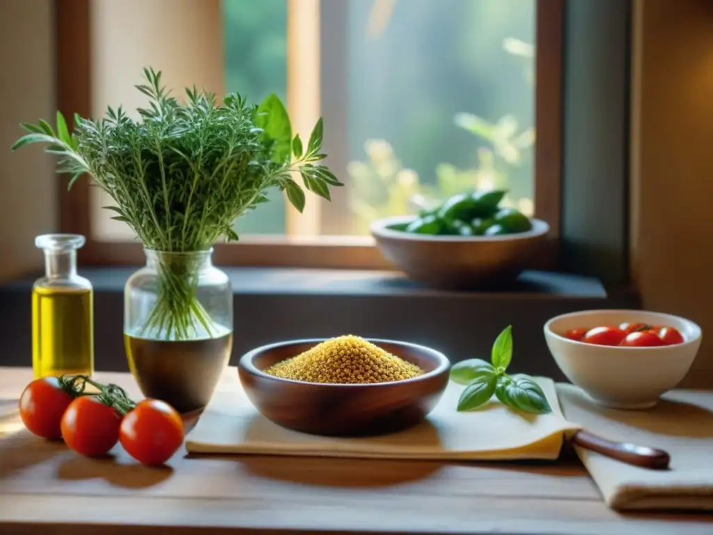 Un rincón de cocina italiana rústica con luz solar iluminando una mesa de madera con hierbas frescas, tomates y fenogreco en recetas italianas