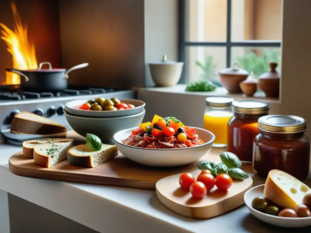 Una cocina italiana rústica con una mesa de madera llena de antipastos coloridos