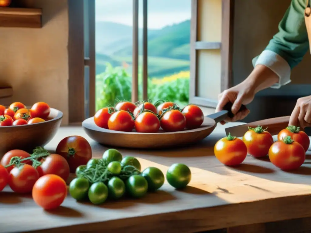 Una cocina italiana rústica con mesa de madera llena de tomates frescos de diferentes formas y tamaños