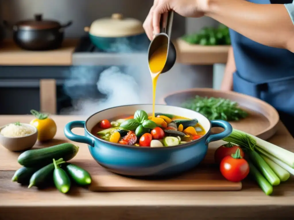 Una cocina italiana rústica con una mesa de madera llena de verduras frescas mientras se sirve sopa Minestrone