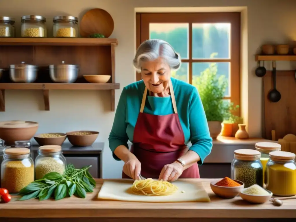 Una cocina italiana rústica donde una nonna prepara pasta a mano