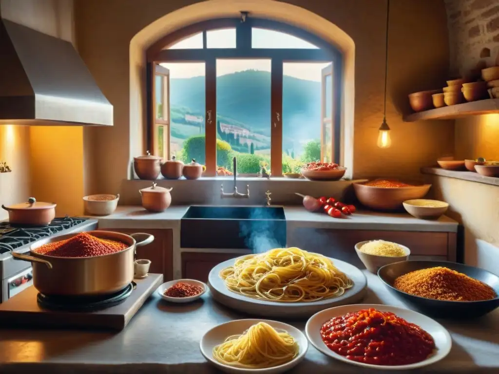 Nonna italiana preparando pasta fresca en cocina rústica Cocina italiana rústica con una nonna preparando pasta, salsas y decoración tradicional