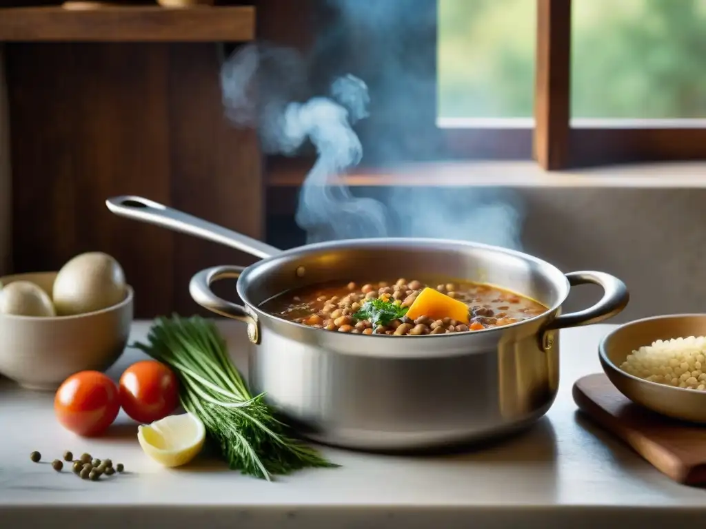 Una cocina italiana rústica con una olla de sopa de lentejas humeante en la estufa