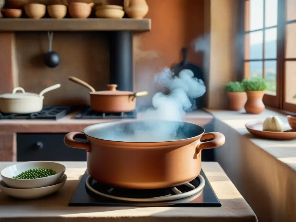 Una cocina italiana rústica con una olla de Fagioli all'Uccelletto receta tradicional burbujeante en la estufa, evocando calidez y tradición