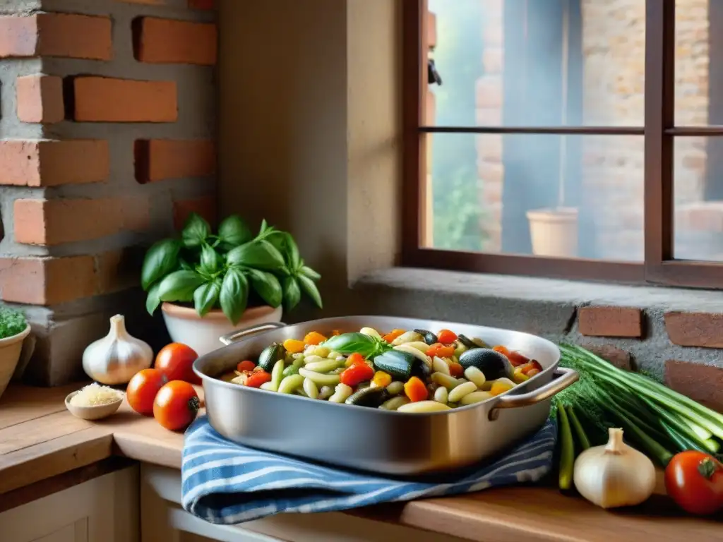 Una cocina italiana rústica con una olla grande de sopa minestrone auténtica, llena de verduras coloridas