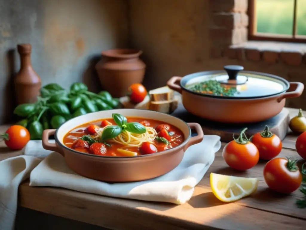 Una cocina italiana rústica con una olla de terracota preparando una receta tradicional de acquacotta italiana