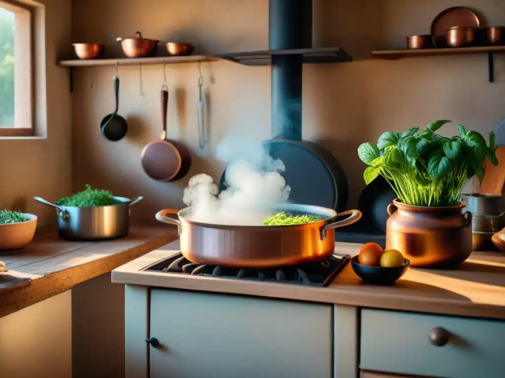 Una cocina italiana rústica con una receta tradicional de acquacotta, resplandeciendo en la luz del sol