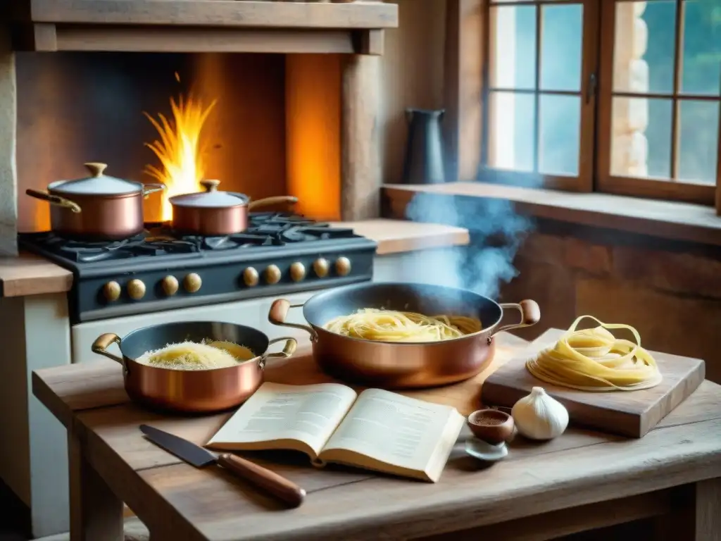 Una cocina italiana rústica con utensilios tradicionales y una receta de pasta casera, iluminada por luz natural