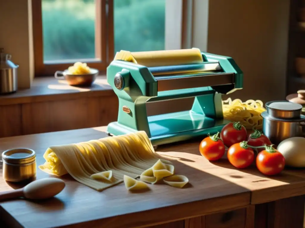 Una cocina italiana rústica con variedades regionales de pasta italiana, ingredientes frescos y una nonna experta en pasta