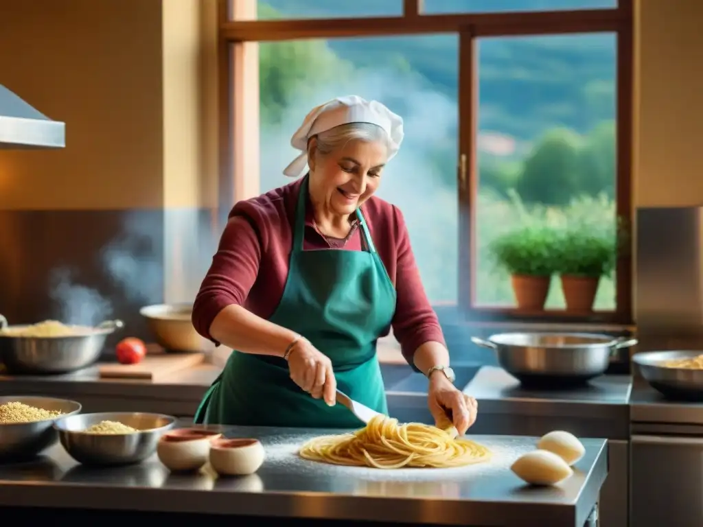 Una cocina italiana tradicional saludable: la nonna amasa pasta, el chef cocina y comensales disfrutan platos mediterráneos