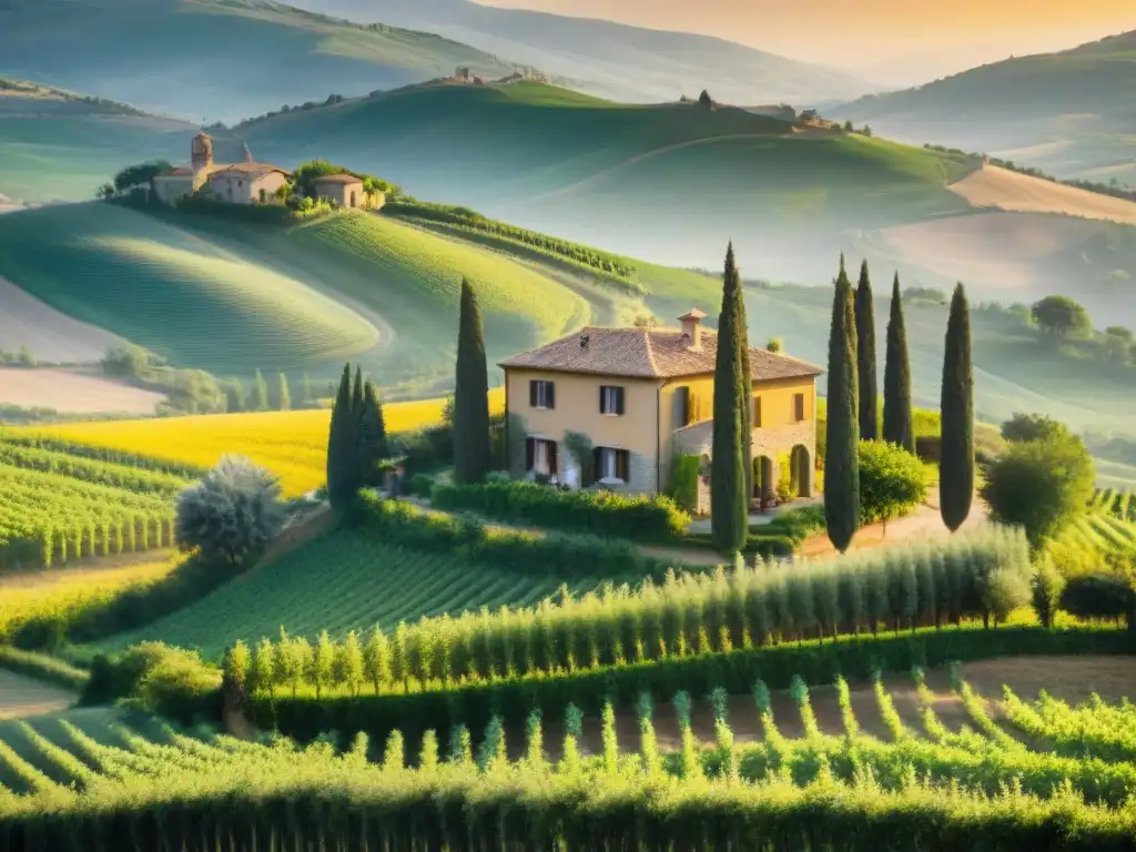 Cocina italiana sostenible y agroturismo en una granja toscana al atardecer, agricultores trabajando en los campos