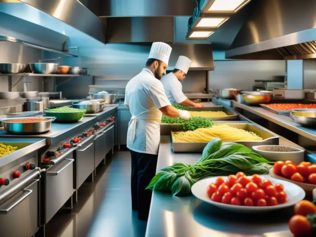 Cocina italiana sostenible: chefs preparando platos con ingredientes frescos en restaurante bullicioso