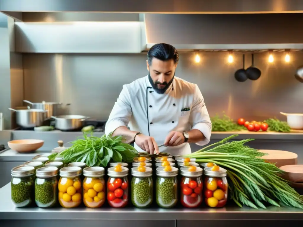 Cocina italiana sostenible con ingredientes subestimados como polen de hinojo y cicerchie, chefs preparando platos