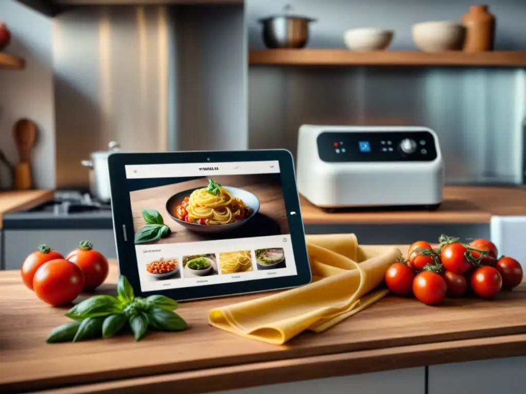 Una cocina italiana donde tradición y tecnología se combinan, con máquina de hacer pasta vintage y tablet digital