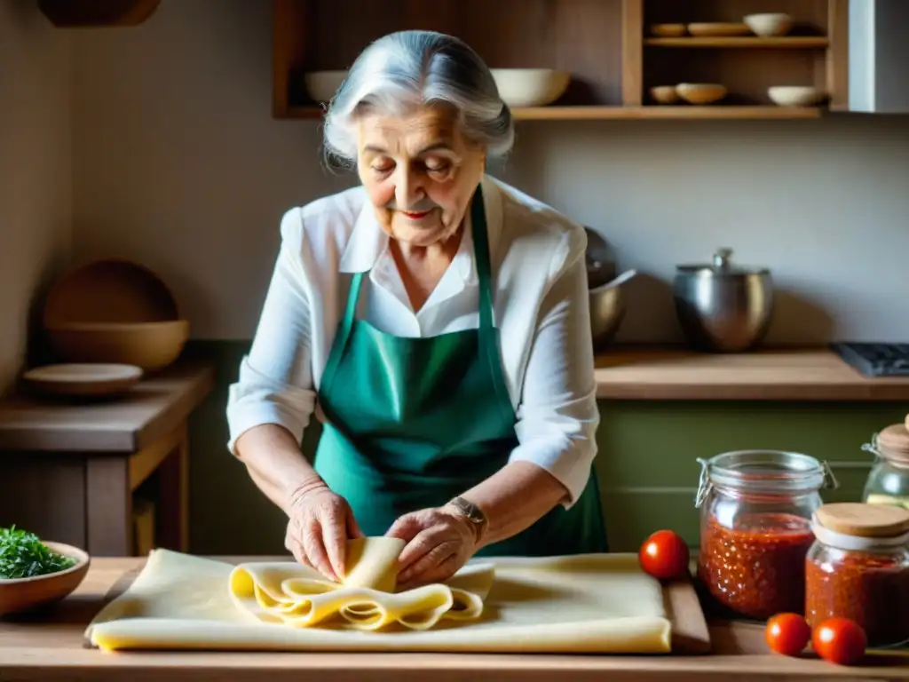 Cocina italiana tendencia bienestar global: Nonna italiana amasando pasta fresca con amor y precisión en cocina acogedora