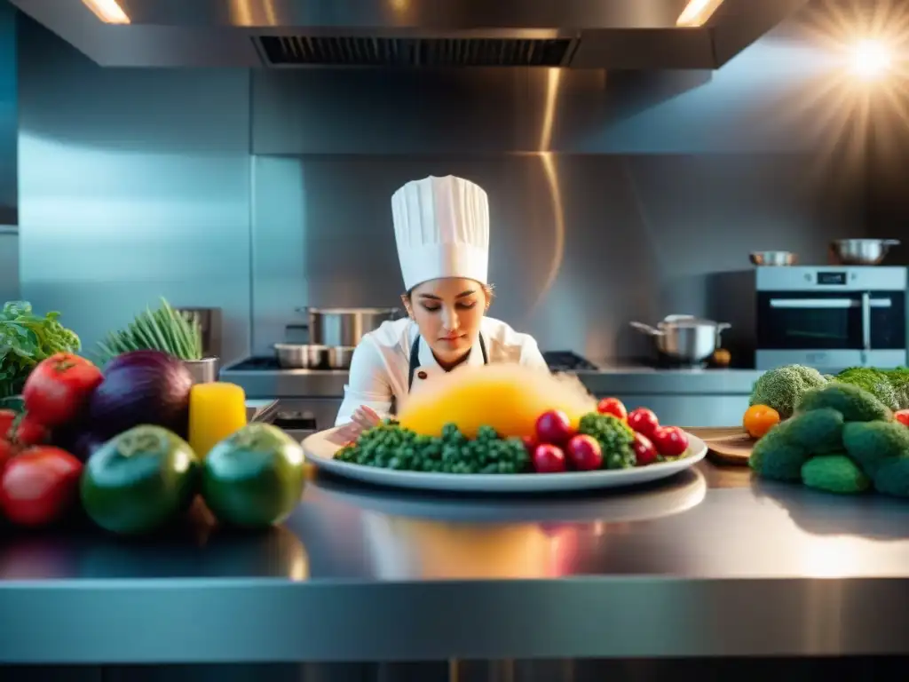 Chef Cristina Bowerman innovando en cocina italiana tendencias, concentrada en plato colorido