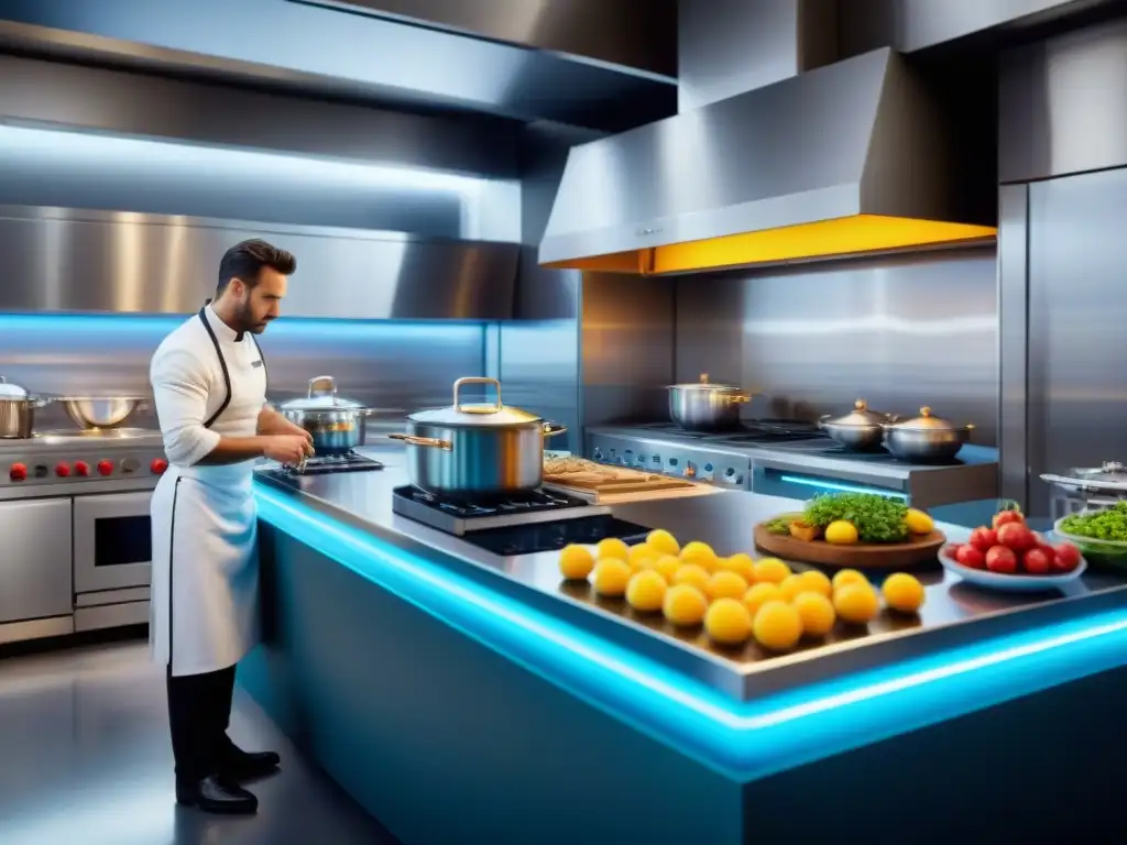 Cocina italiana tendencias futuras: Una escena vibrante en una cocina futurista llena de tecnología y chefs visionarios