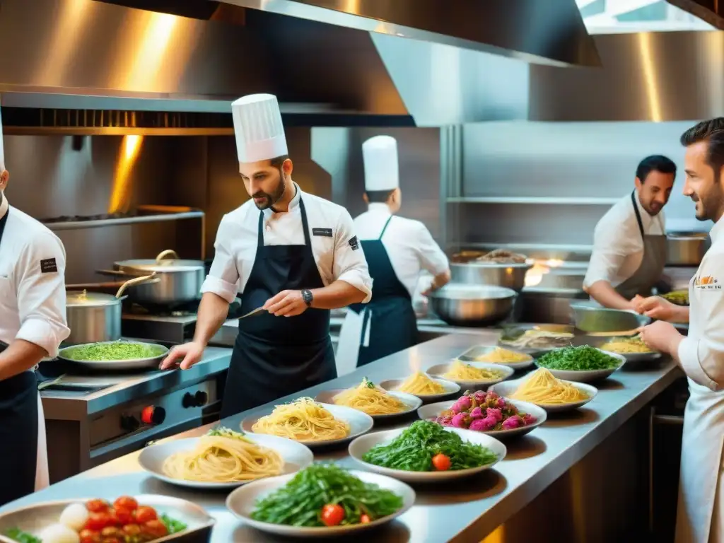 Cocina italiana en tendencias redes sociales: Cocineros preparando platos tradicionales en restaurante italiano con pasión y precisión