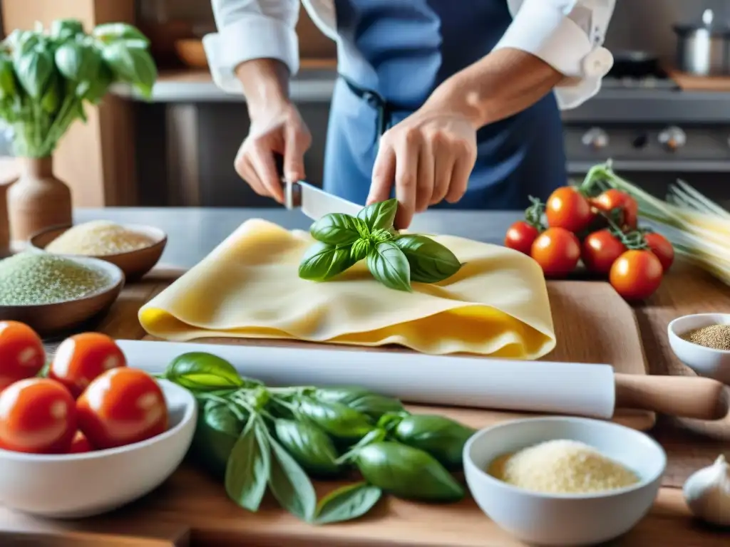 Una cocina italiana tradicional adaptada a dietas saludables, con ingredientes frescos y coloridos sobre una mesa rústica de madera