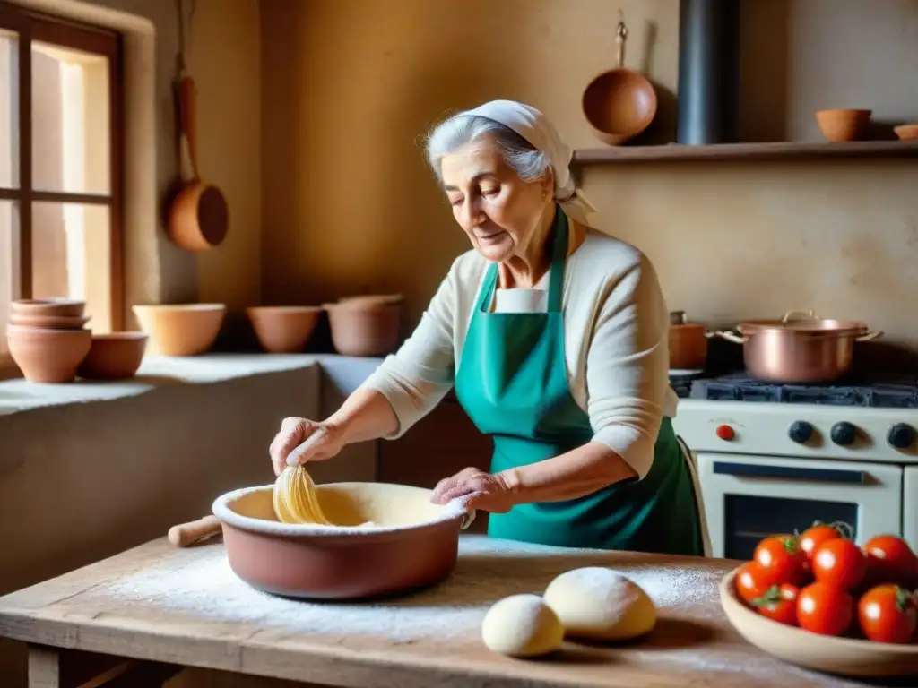 Cocina italiana tradicional: anciana experta amasa pasta con determinación en cocina rústica