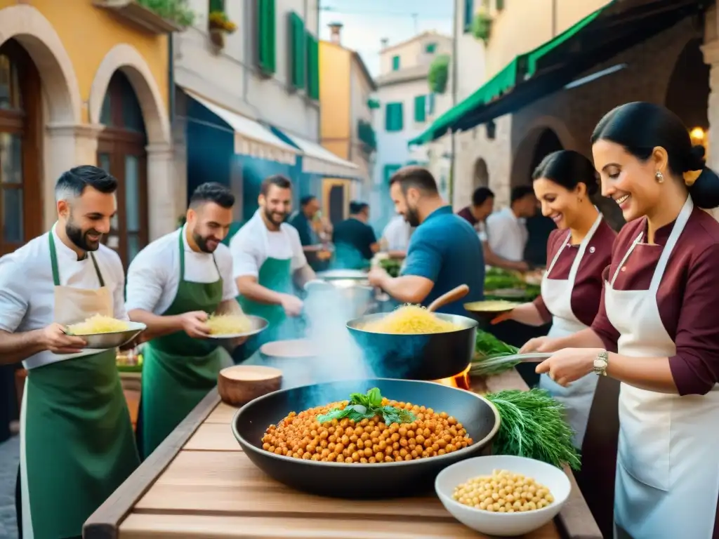 Cocina italiana tradicional en Apulia: Chefs preparan Ciceri e Tria en trattorias coloridas de Italia, con clientes disfrutando