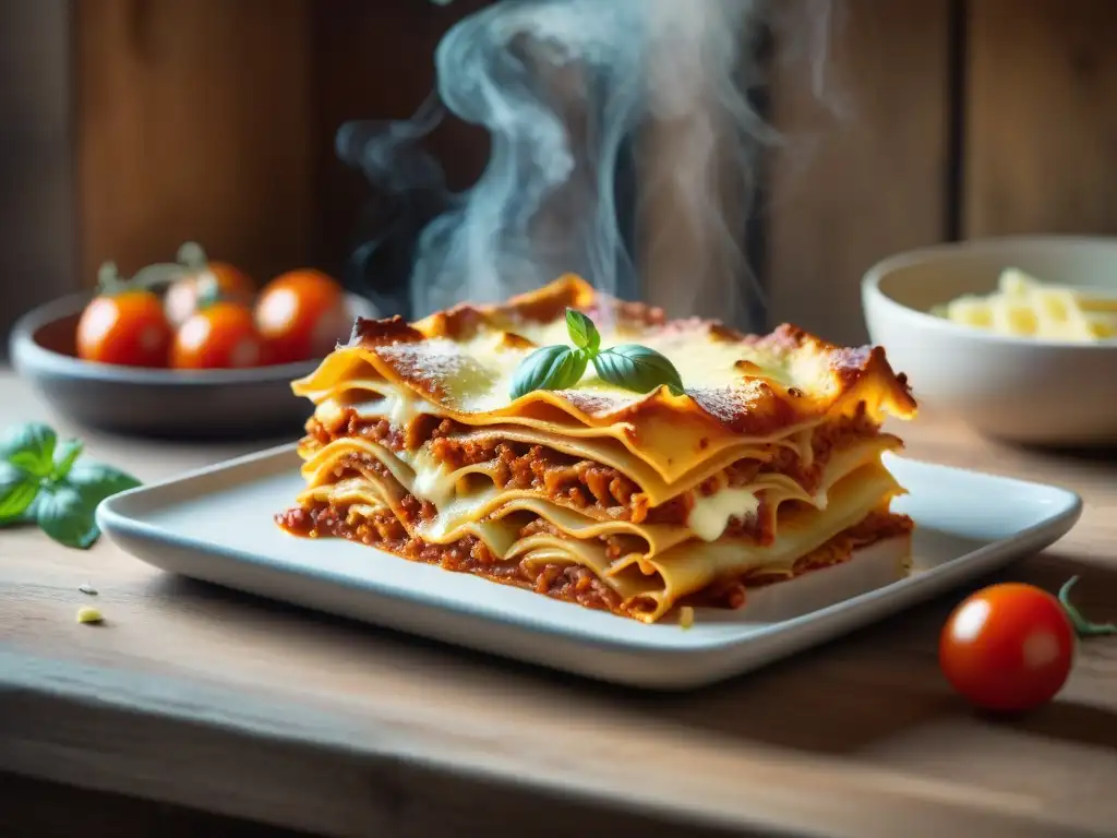 Lasagna recién horneada en cocina italiana rústica Una cocina italiana tradicional con una auténtica lasaña recién horneada, evocando comfort y delicia culinaria