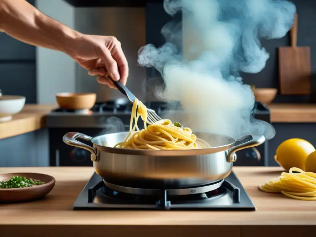 Una cocina italiana tradicional bulliciosa durante una demostración culinaria en streaming