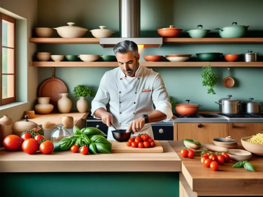 Una cocina italiana tradicional bulliciosa, llena de ingredientes frescos y un chef preparando pasta