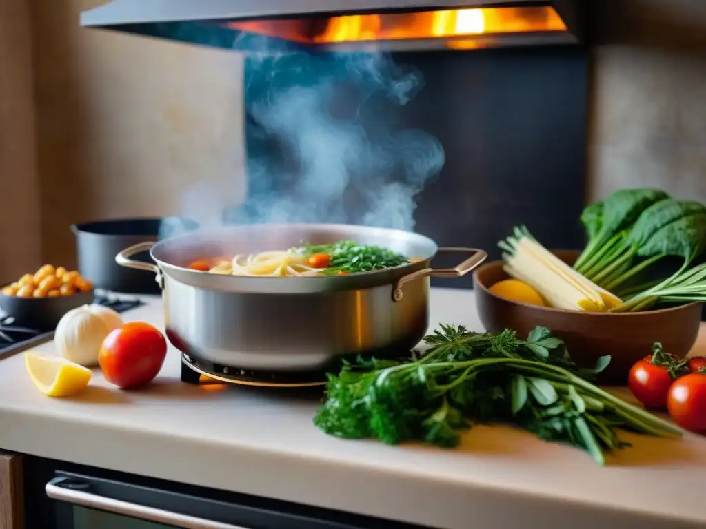 Una cocina italiana tradicional con un caldero de brodo, verduras frescas, hierbas y pasta casera secándose al fondo