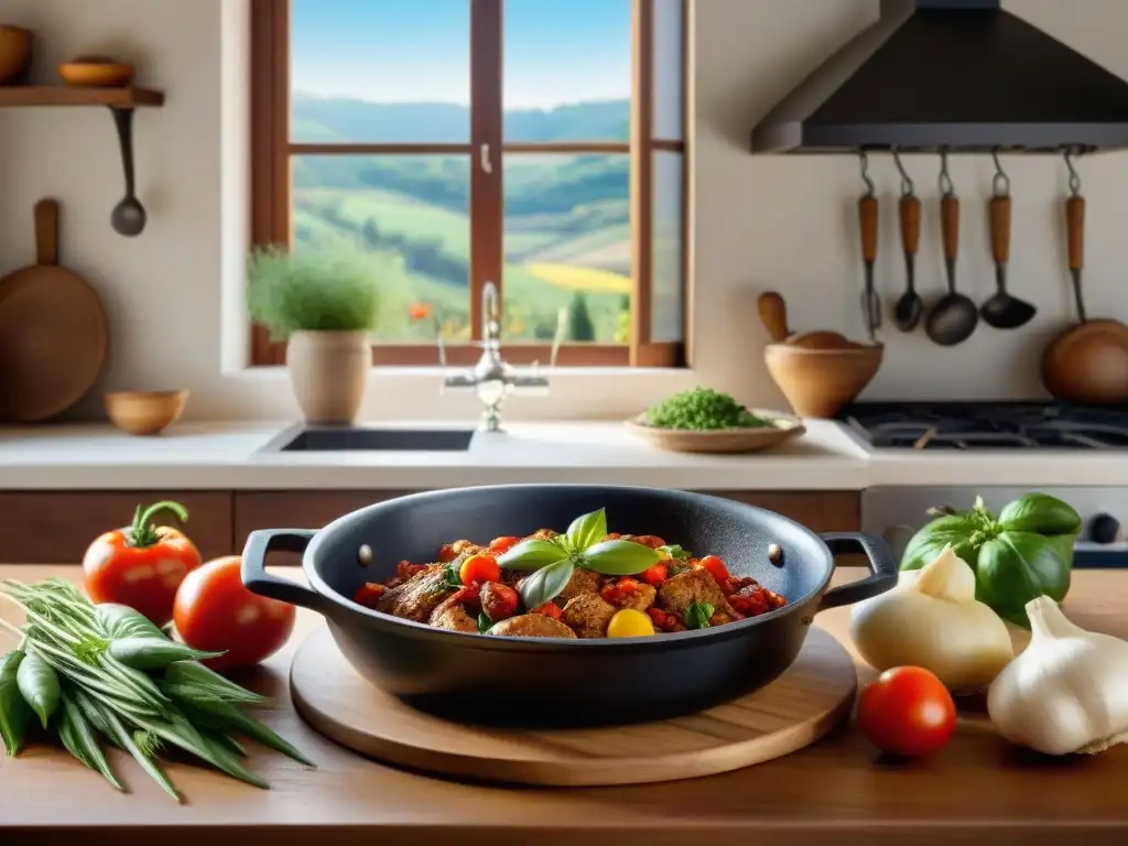 Una cocina italiana tradicional en el campo, con una mesa rústica llena de verduras y un chef preparando pollo cacciatore