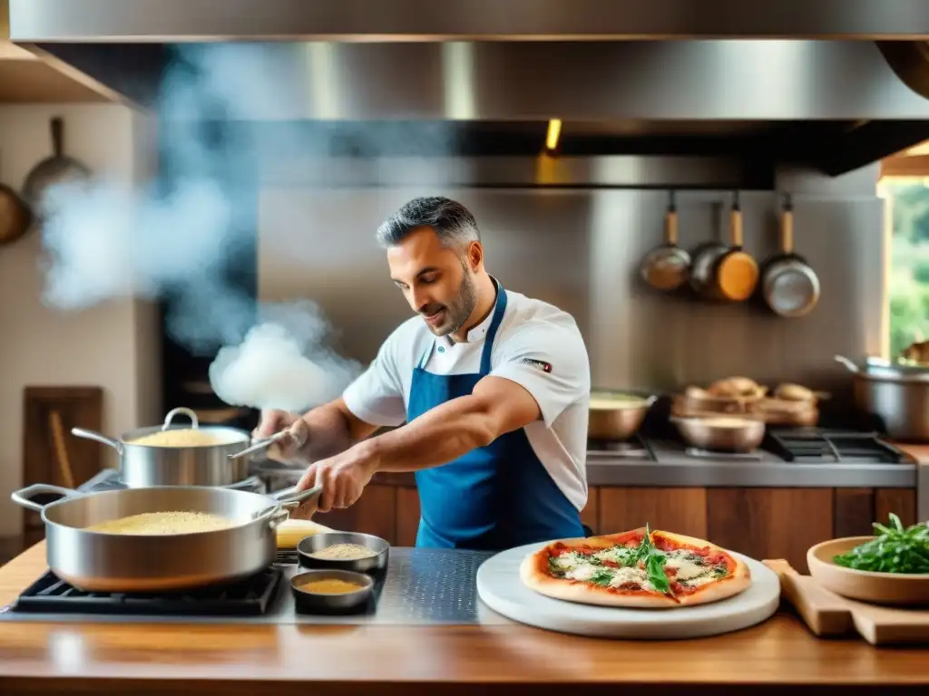 Cocina italiana tradicional en acción: chef experto elaborando pizza, ingredientes frescos y ambiente acogedor