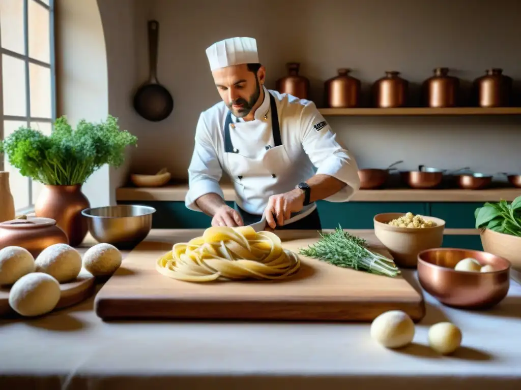 Cocina italiana tradicional Piemonte: Chef elaborando pasta fresca en cocina rústica con ingredientes locales y utensilios vintage