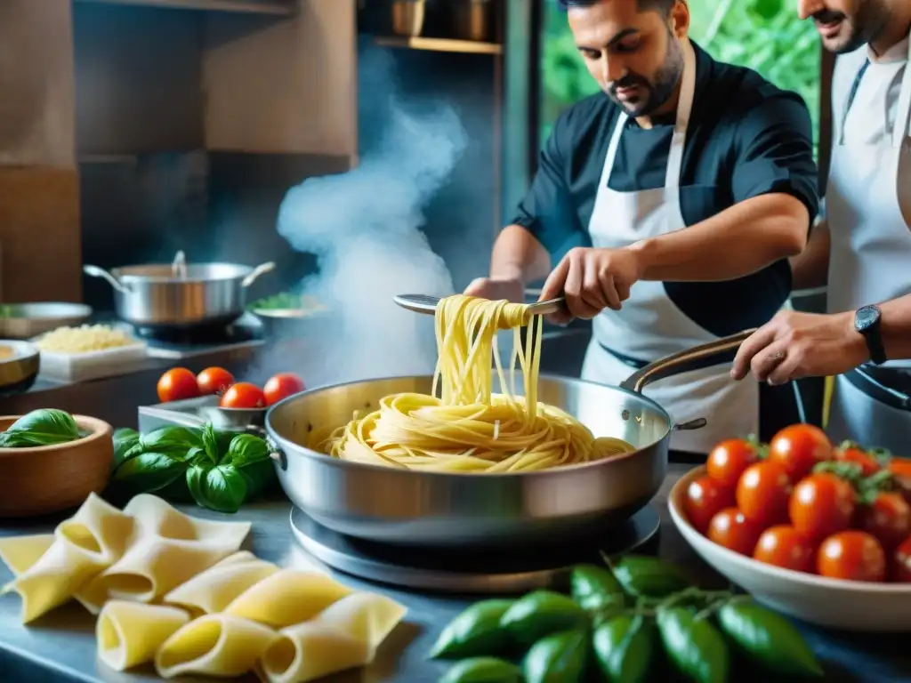 Cocina italiana tradicional: chefs expertos elaborando pasta rodeados de ingredientes frescos