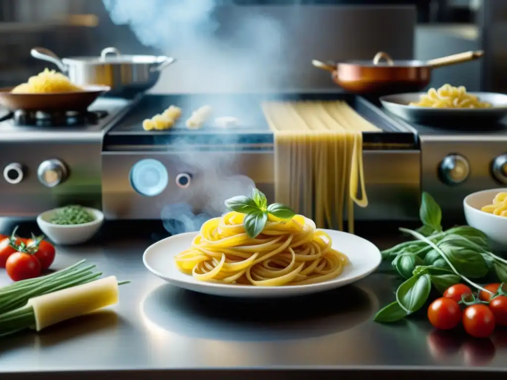 Una cocina italiana tradicional con chefs usando impresión 3D para crear pasta innovadora