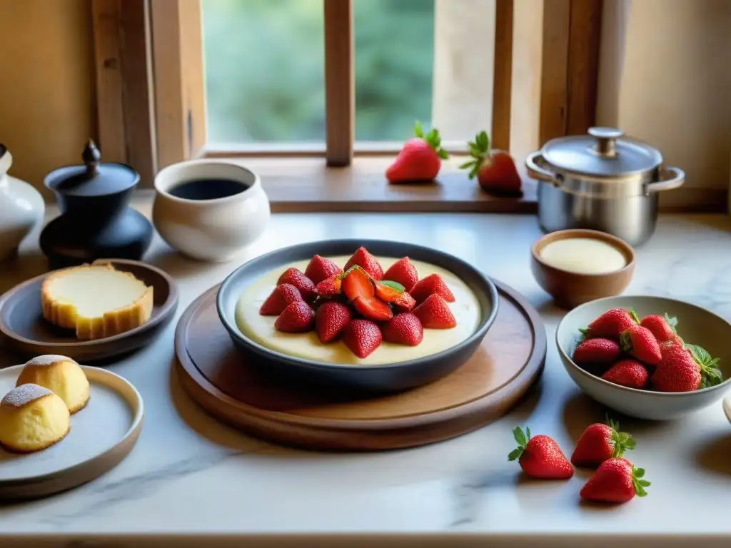 Una cocina italiana tradicional con una encimera de mármol vintage llena de ingredientes frescos para preparar un Pannacotta decadente