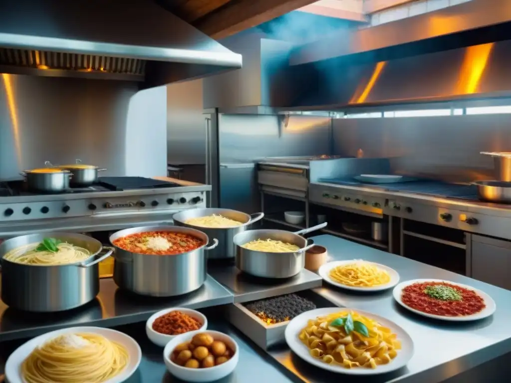 Cocina italiana tradicional con energía renovable: chefs preparando pasta fresca, salsas en ebullición y horno de leña