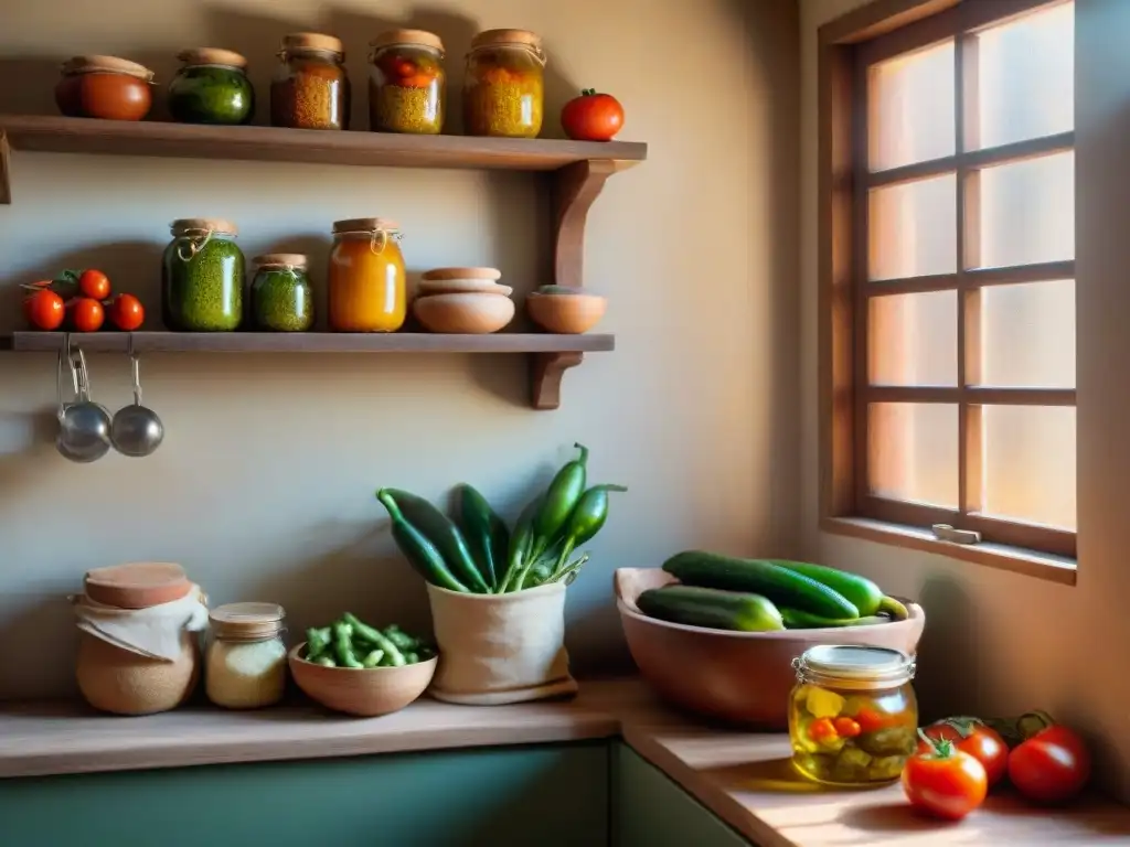 Una cocina italiana tradicional con estantes de madera repletos de frascos de vegetales fermentados como tomates, pepinos y pimientos