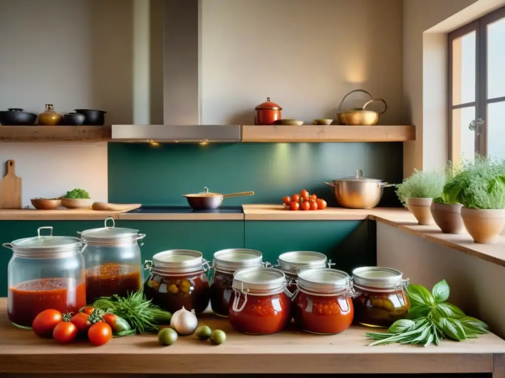 Una cocina italiana tradicional con fermentación de ingredientes, una nonna cocinando salsa de tomate casera