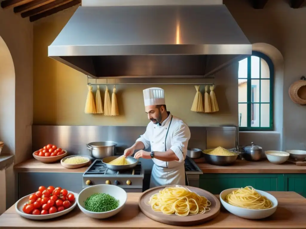 Cocina italiana tradicional en Florencia: una cocina bulliciosa con un chef experto preparando pasta fresca y aromas de especias