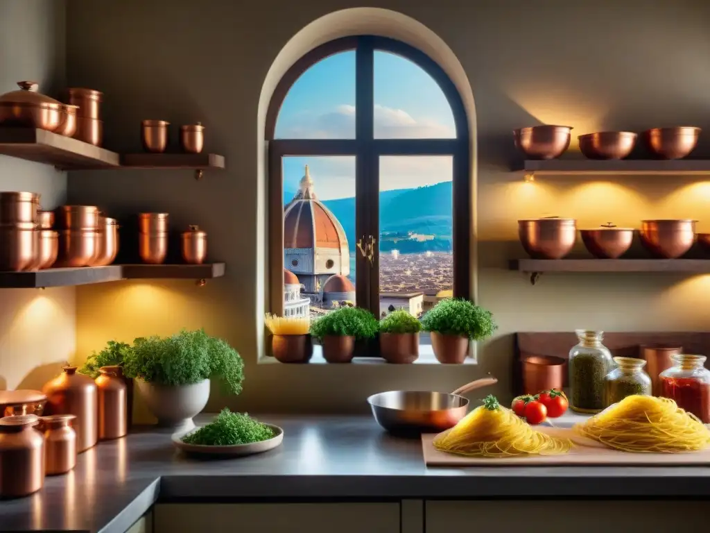 Cocina italiana tradicional en Florencia: arte culinario auténtico Una cocina italiana tradicional en Florencia, con chefs preparando pasta a mano y salsas en ollas de cobre, evocando la autenticidad de la cocina italiana
